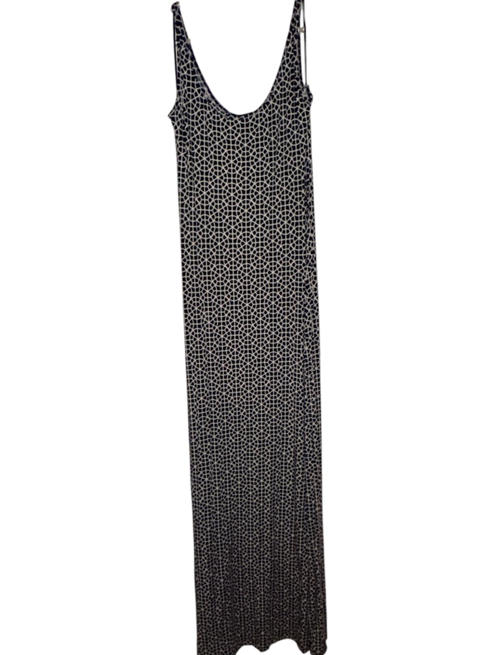 Navy White Geometric Print Maxi Dress Sleeveless Stretch Knit Casual Summer